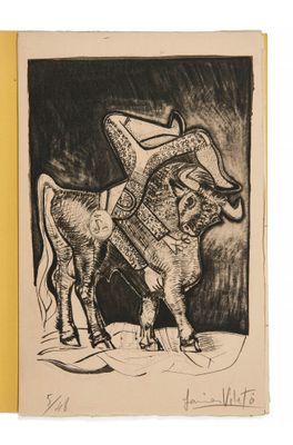 une image représentant un dessin d'un taureau sur lequel se trouve un homme