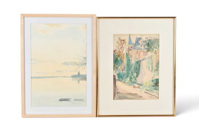 deux aquarelles encadrées représentant un paysage et un bateau
