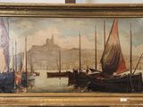 peinture de bateaux dans un port avec un château en arrière-plan