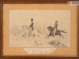 tableau représentant deux hommes à cheval et un chien dans un paysage enneigé