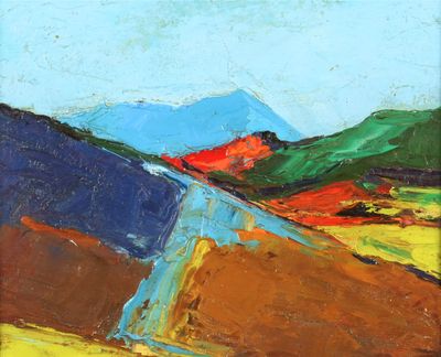 a painting of a landscape with a mountain in the background