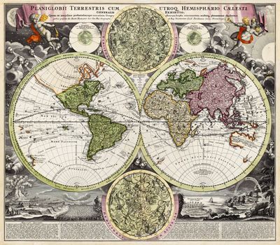 une vieille carte du monde représentant les différents hémisphères