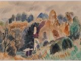 a watercolor painting of a house on a hill