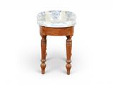 a small wooden table with a blue and white bowl on it