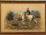 painting of a man on a horse with a dog in a field