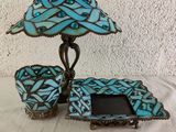 tiffany blue stained glass table lamp and picture frame