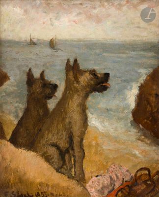 painting of three dogs on a beach with a sailboat in the background