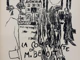 an image of a black and white drawing of a man standing in front of a building