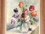 painting of flowers in a glass vase on a table