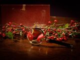 une loupe posée sur une table, à côté d'une grappe de baies