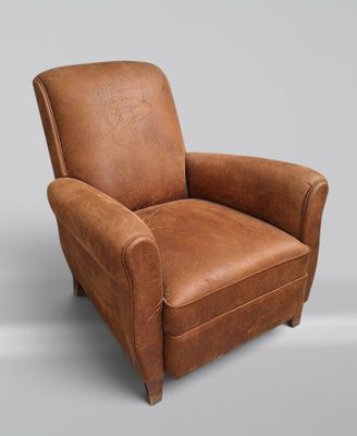 une image représentant un fauteuil inclinable en cuir marron sur fond gris