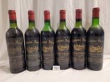 six bottles of red wine are lined up on a table
