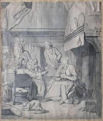 an old drawing of a woman sitting at a table with a cat