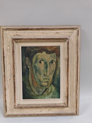 tableau représentant un jeune homme, dans un cadre blanc sur fond blanc