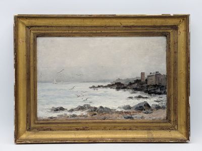 an oil painting of a beach scene with a castle in the distance
