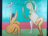 un tableau représentant un homme et une femme jouant avec un cerf-volant