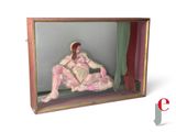 a picture of a man in a pink suit sitting in a box