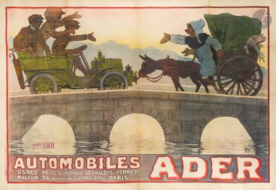 une ancienne publicité pour une voiture et une calèche