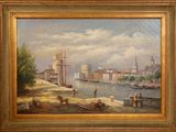 une peinture à l'huile représentant une scène portuaire avec des bateaux et des personnages