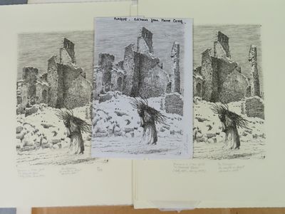 two drawings of horses in front of a castle