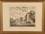 a black and white drawing of a building with a tower in the background