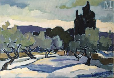 an oil painting of a snowy landscape with trees in the foreground