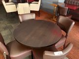 a table and chairs in a room with a red wall