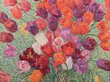 peinture représentant un bouquet de tulipes dans un vase posé sur une table