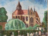 une peinture à l'huile représentant une église avec un arbre devant