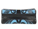 a black and blue purse with a floral design on it