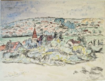 dessin représentant un paysage avec une église et un village au loin