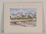 une photo d'un tableau représentant un village au bord de l'eau