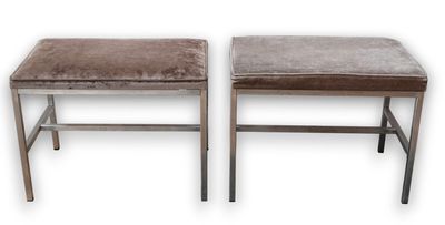 pair of stools with brown velvet upholstered seats