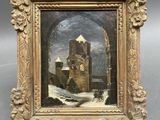 a painting of a castle in a snowy landscape with a man on a horse