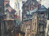 painting of a street scene with old buildings and a man walking down the street