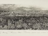 dessin représentant une vue de la ville depuis le sommet d'une colline