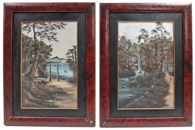 deux tableaux encadrés représentant une scène fluviale avec des arbres et une maison