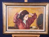 a painting of a woman combing her hair in front of a mirror