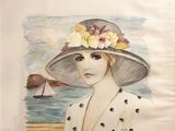 a painting of a woman wearing a hat with flowers on it
