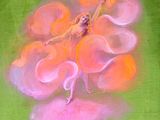 a painting of a woman in a pink dress on a green background