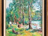 a painting of a group of people sitting on the grass by a river
