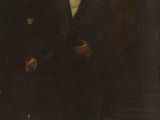 portrait d'un homme en manteau noir et chapeau, muni d'une canne