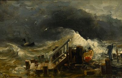 une image représentant un tableau d'un bateau sur une mer agitée