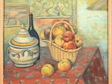 un tableau représentant un panier de pommes et une bouteille de vin posés sur une table