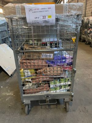 a metal cart with a lot of food in it