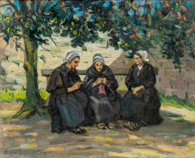 tableau représentant trois femmes assises sur un banc sous un arbre