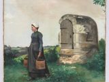 un vieux tableau représentant une femme portant un panier devant un immeuble