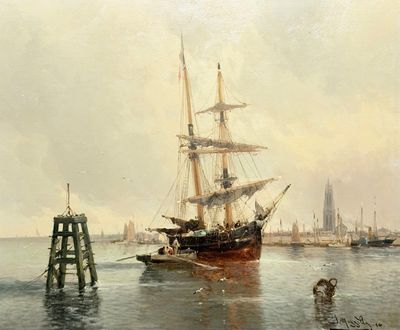 a painting of a ship in the water with other boats in the background