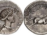 une pièce d'argent sur laquelle figurent une femme et un cheval