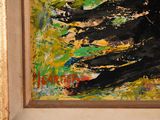 a painting of a black dog in a gold frame